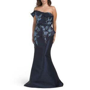 TERANI Navy One Shoulder Embroidered Floral Applique Gown